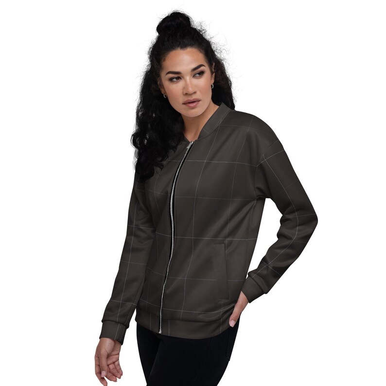 Espresso Brown & Lavender Grid Pattern Unisex Bomber Jacket |
