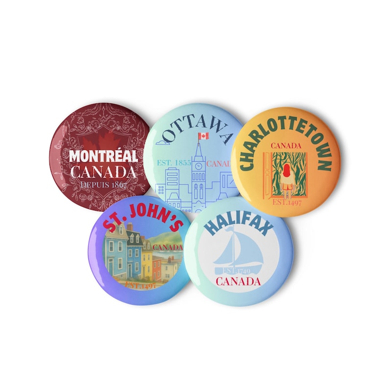 CANADA Souvenir 5 City Set of pin buttons - Halifax, Charlottetown, St. John's, Ottawa and Montréal