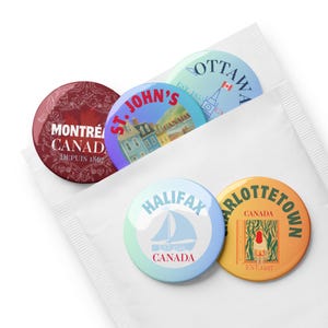 CANADA Souvenir 5 City Set of pin buttons - Halifax, Charlottetown, St. John's, Ottawa and Montréal