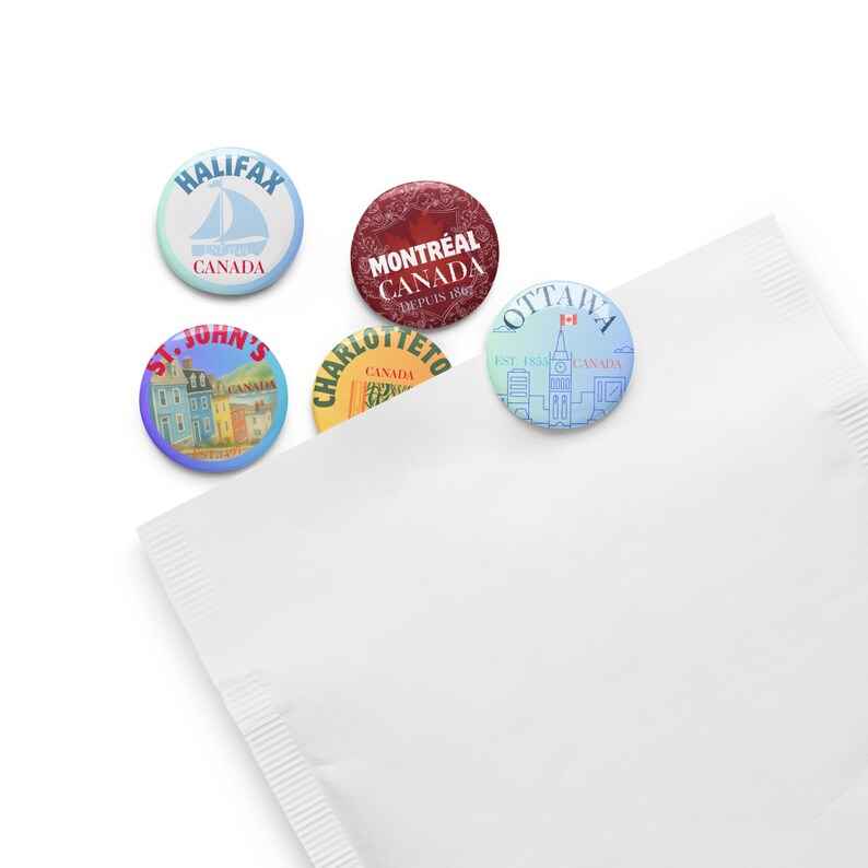 CANADA Souvenir 5 City Set of pin buttons - Halifax, Charlottetown, St. John's, Ottawa and Montréal