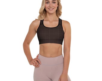 Espresso Brown + Lavender Blue Grid Sports Bra | Padded Yoga Pilates Workout Top