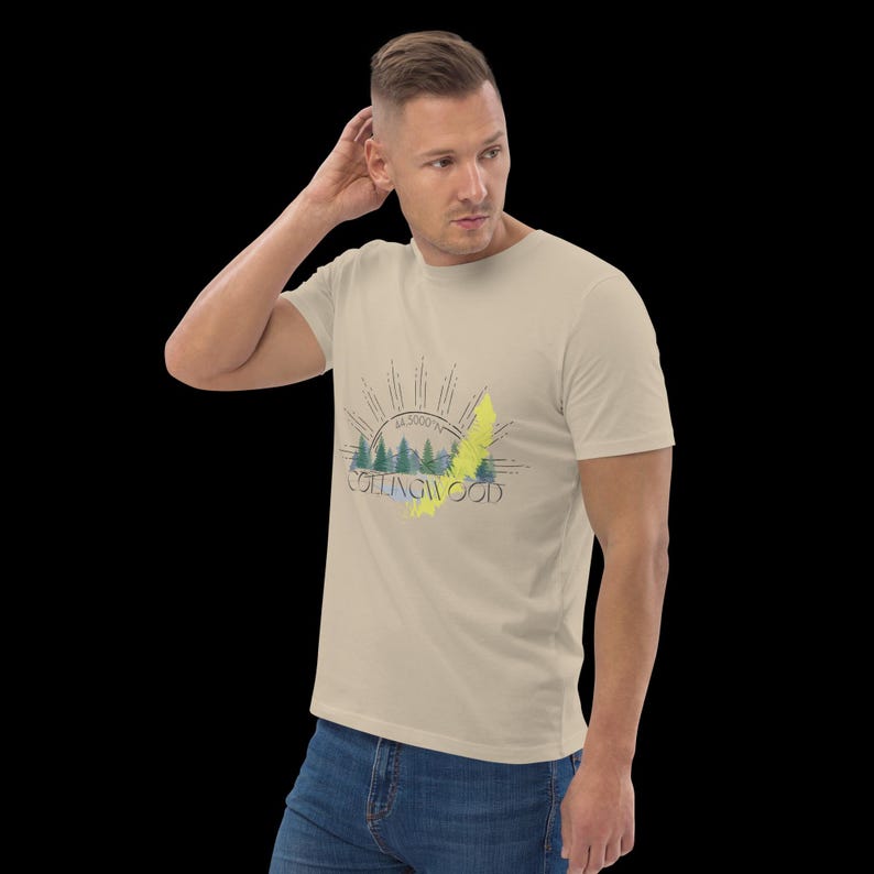 Pode incluir: Uma t-shirt bege de manga curta com uma impress&atilde;o gr&aacute;fica de uma paisagem florestal com pinheiros, raios de sol e o texto COLLINGWOOD com as coordenadas 44.5000 N. O design inclui um detalhe de pincelada amarela no centro da estampa.
