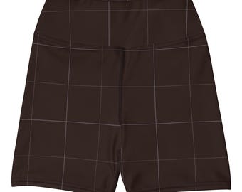 Espresso Brown + Lavender Blue Plaid Yoga Shorts | High Waisted Athletic Workout Apparel