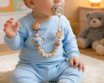 Handmade Crochet Pacifier Clip with Name, Personalized Baby Dummy Chain, Custom Name Baby Dummy Holder, Neutral New Mom Present