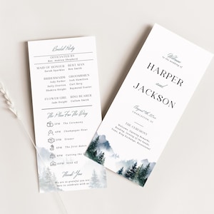 Berghuwelijksprogramma: bewerkbaar dennenbos ceremonieprogramma voor bestelling van dienst (canvasjabloon)