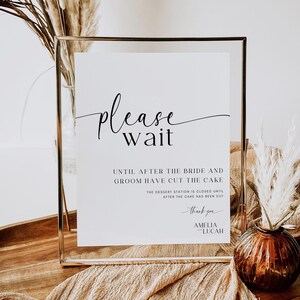 Closed Sign For Dessert Table: Editable Minimal Please Wait Dessert Bar Closed Wedding Table Sign (Canva Template)