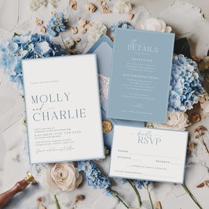 Dusty Blue Wedding Invitation: Editable Something Blue Modern Blue Minimal Wedding Suite (Canva Template)