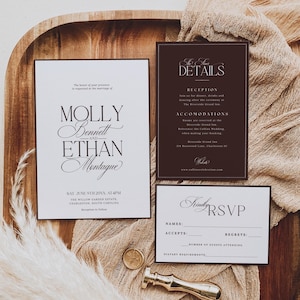 Chocolate Brown Wedding Invitation Suite, RSVP With QR Code, Minimalist Wedding Invitation, Espresso Brown Wedding Set Canva Template