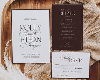 Chocolate Brown Wedding Invitation Suite, RSVP With QR Code, Minimalist Wedding Invitation, Espresso Brown Wedding Set Canva Template