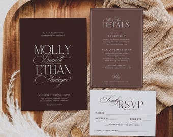 Chocolate Brown Wedding Invitation Suite, RSVP With QR Code, Minimalist Wedding Invitation, Espresso Brown Wedding Set Canva Template