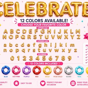 Puede incluir: Letras doradas de globos de papel de aluminio que deletrean "CELEBRATE" sobre una exhibición de letras mayúsculas y minúsculas, números y 12 opciones de color. La imagen incluye el texto "¡12 COLORES DISPONIBLES!" y "BONO EXTRA".