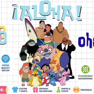 Op de afbeelding: Een kleurrijke afbeelding met personages uit een populaire animatiefilm, met het woord "¡ALOHA!" in lichtblauw. Het woord "ohana" is ook aanwezig. Geschikt voor gepersonaliseerde t-shirts, verjaardagsdecoraties en feesten.