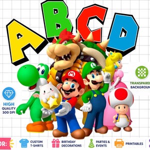 Op de afbeelding: Een kleurrijke digitale illustratie met personages uit de Super Mario-videogame serie. De afbeelding bevat Mario, Luigi, Yoshi, Peach, Toad en Bowser, met de letters A, B, C en D erboven. De afbeelding is een PNG-bestand met een transparante achtergrond.