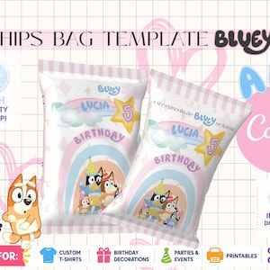 Puede incluir: Dos plantillas de bolsas de patatas fritas con el tema de Bluey, con el texto "Lucia Birthday" y un diseño de arcoíris. Las bolsas tienen una combinación de colores rosa y blanco, con el texto "Chips Bag Template Bluey" en la parte superior. La imagen también incluye el texto "Canva".