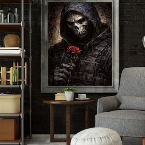 May include: A framed artwork depicts a skeletal figure in a hooded cloak holding a red rose. The painting has a dark, gothic theme with a muted color palette. The artwork is displayed in a living room setting.