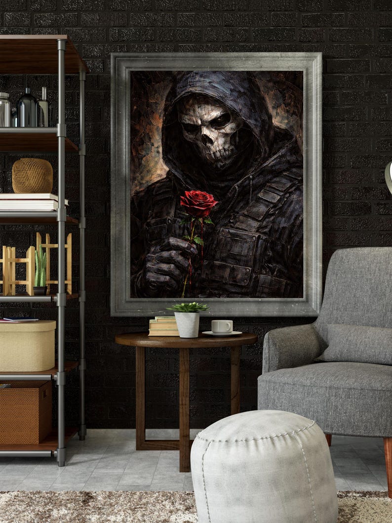 May include: A framed artwork depicts a skeletal figure in a hooded cloak holding a red rose. The painting has a dark, gothic theme with a muted color palette. The artwork is displayed in a living room setting.