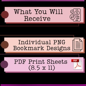 May include: Image with text: "What You Will Receive," "Individual PNG Bookmark Designs," and "PDF Print Sheets (8.5 x 11)." The text is on pink rectangular blocks with a black background. Icons of a phone, document, and PDF file are also present.