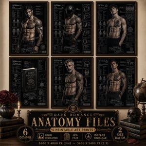 May include: Six black and white art prints titled Dark Romance Anatomy Files featuring muscular figures, a book, and technical diagrams. The prints include text labels like Confidential and Restricted. The collection includes six distinct designs.