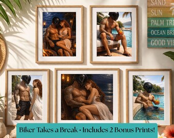 Muurkunstset biker aan het strand, donkerromantisch huisdecor (digitale download)