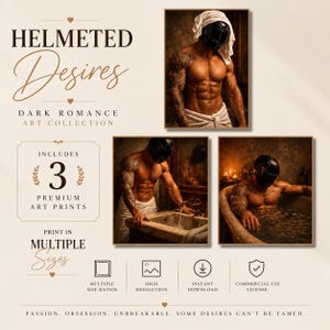 May include: A digital art collection titled Helmeted Desires Dark Romance Art Collection featuring three prints of a muscular person wearing a black motorcycle helmet. The images show the person with a white towel, at a sink, and in a bathtub.