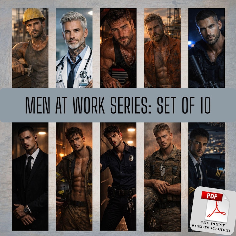 May include: A set of 10 digital prints featuring portraits of men in various professions. The text "MEN AT WORK SERIES: SET OF 10" is displayed across the image. A PDF print sheet is also included.