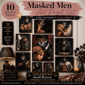 May include: A set of 10 digital art prints titled Masked Men Art Print Set. The collection features various portraits of individuals wearing skull masks, some in tactical gear or suits, and others in intimate poses. Text includes 10 Premium Prints.