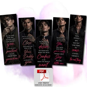 May include: Five bookmarks with romantic quotes and a man's image. The text is in white and pink. The image also includes a PDF print sheet. The bookmarks are designed for reading.