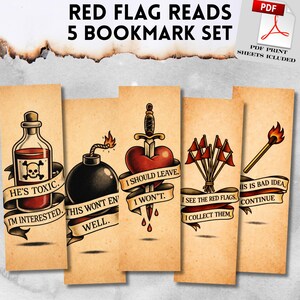 May include: A set of five vintage-style bookmarks with tattoo-inspired illustrations. Each bookmark features a different design, including a poison bottle, bomb, heart with a sword, red flags, and a lit match. Text on the bookmarks reads "He's Toxic," "This Won't End Well," and more.