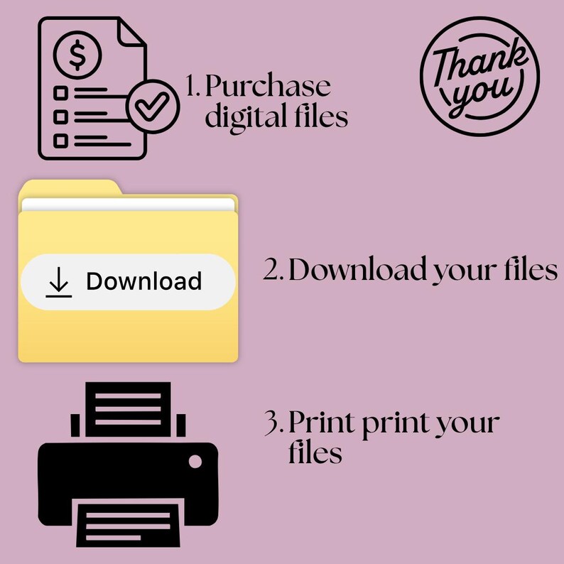 May include: An infographic on a mauve background with instructions for purchasing and downloading digital files. The steps include purchasing, downloading, and printing. The image includes a document with a dollar sign, a folder with a download arrow, and a printer.