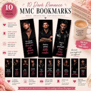Puede incluir: Una colección de 10 marcapáginas imprimibles con temas de romance oscuro, cada uno con el retrato de un hombre vestido de negro con texto romántico. Incluye una taza blanca con el texto Caffeine Books & Dark Romance y una pila de libros.