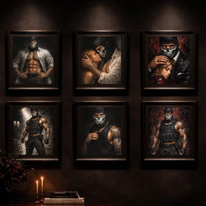 May include: A collection of ten framed art prints featuring a masked figure in various poses. The artwork displays a dark, dramatic aesthetic with a focus on the central character, showcasing a range of emotions and scenarios.