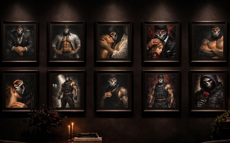 May include: A collection of ten framed art prints featuring a masked figure in various poses. The artwork displays a dark, dramatic aesthetic with a focus on the central character, showcasing a range of emotions and scenarios.