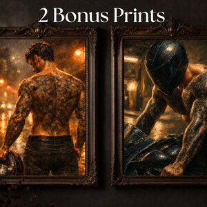 May include: Two framed art prints featuring muscular figures with tattoos. One print shows a man from the back, holding a helmet. The other depicts a man in a helmet. The text "2 Bonus Prints" is at the top.