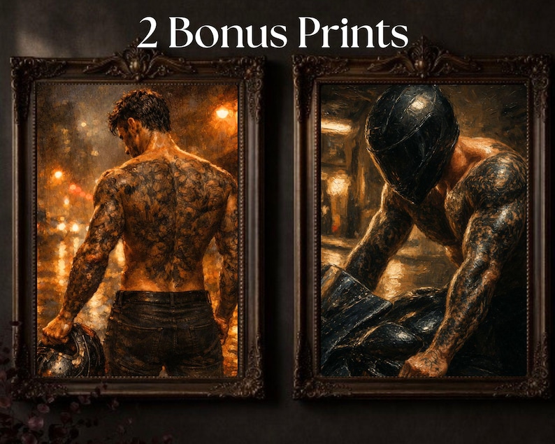 May include: Two framed art prints featuring muscular figures with tattoos. One print shows a man from the back, holding a helmet. The other depicts a man in a helmet. The text "2 Bonus Prints" is at the top.