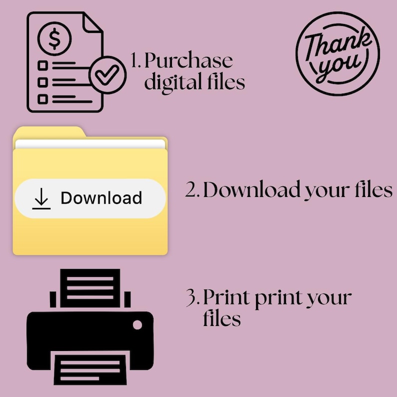 May include: An infographic on a mauve background with instructions for purchasing and downloading digital files. The steps include purchasing, downloading, and printing. The image includes a document with a dollar sign, a folder with a download arrow, and a printer.