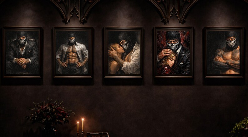 May include: Five framed portraits hang on a dark wall. Each features a figure wearing a skull mask. The figures are depicted in various poses, including wearing a suit, an open shirt, and embracing a woman. The artwork has a gothic theme.