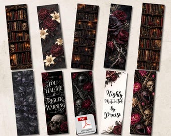 10 Dark Academia, gotische bladwijzer, bladwijzer met bloemen, bundel, afdrukbaar, romantische esthetiek, leesaccessoires