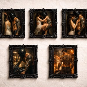 May include: A set of five rectangular wall art prints in ornate black frames. The images depict a tattooed person wearing a motorcycle helmet and a person in a white dress in various intimate poses, plus a person on a motorcycle and a back view.