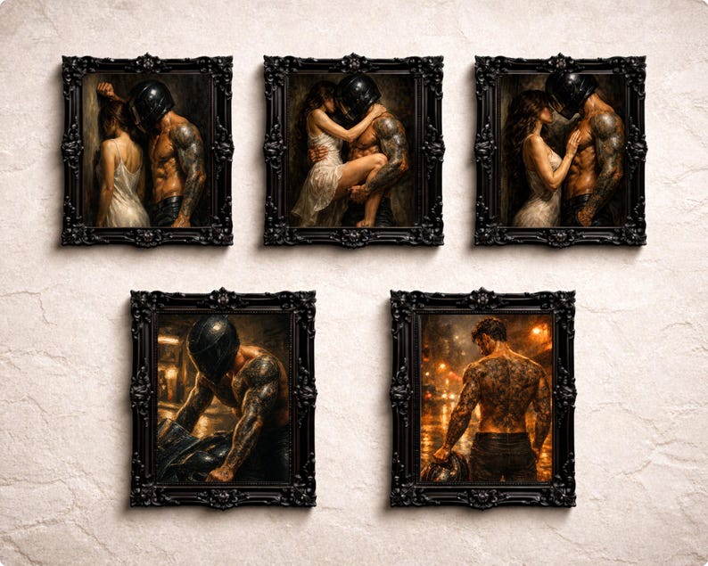 May include: A set of five rectangular wall art prints in ornate black frames. The images depict a tattooed person wearing a motorcycle helmet and a person in a white dress in various intimate poses, plus a person on a motorcycle and a back view.