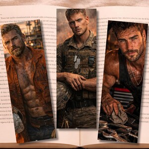 May include: Three bookmarks featuring portraits of men in various professions. The first man is wearing an orange shirt and jeans. The second man is in military attire. The third man is wearing a black tank top and working on a car.