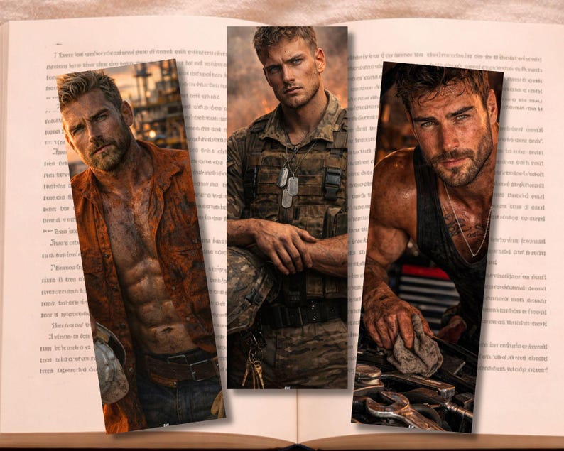 May include: Three bookmarks featuring portraits of men in various professions. The first man is wearing an orange shirt and jeans. The second man is in military attire. The third man is wearing a black tank top and working on a car.