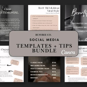 May include: A bundle of social media templates and tips for Canva, with a neutral color palette. The image includes examples of client testimonials, Reel/TikTok ideas, benefits, and Instagram caption templates. The bundle also includes a price list for various facial treatments.