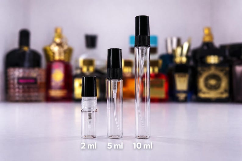 May include: Three clear glass perfume spray bottles with black caps, labelled 2 ml, 5 ml, and 10 ml. The bottles are in front of a blurred background of various perfume bottles.
