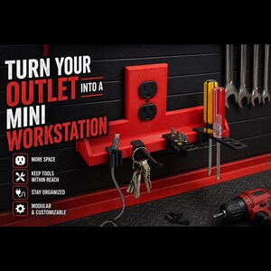 May include: Red mini workstation with electrical outlets, tool holders, and the text "TURN YOUR OUTLET INTO A MINI WORKSTATION." Includes space for tools, keys, and a charging cable. The workstation is designed to keep tools organized and accessible.