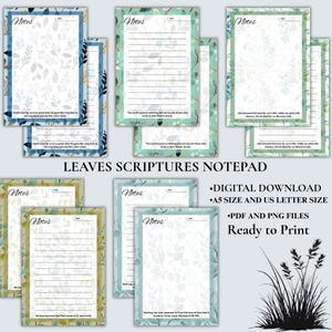 May include: A selection of leaf-patterned notepads with scripture quotes. The notepads have a white interior with lined pages and a decorative border. The word "Notes" is at the top of each notepad. The image also includes the text "Leaves Scriptures Notepad".