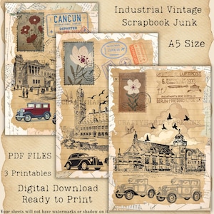 Kit per scrapbooking/junk journal a tema vecchi edifici e auto industriali, elementi grafici retrò di città, download digitale.