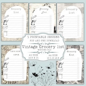 Inköpslistor, skrivblock med vintage-motiv (digital nedladdning)