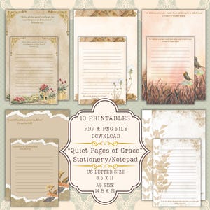 May include: A set of ten printable stationery and notepad pages. The designs include lined and unlined pages with floral and butterfly motifs. The text includes Bible verses and the title "Quiet Pages of Grace". The US Letter size is 21.6 x 27.9 cm.