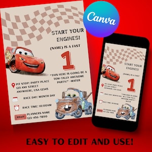 May include: A party invitation featuring Lightning McQueen and Mater from the Cars movie. The invitation includes text that says "Start Your Engines!" and "This here is going be a tow-tally awesome party!" The invitation is on a red background.