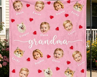 Personalized Photo Blanket for Grandma, Custom Family Faces Throw, Mother's Day Gift